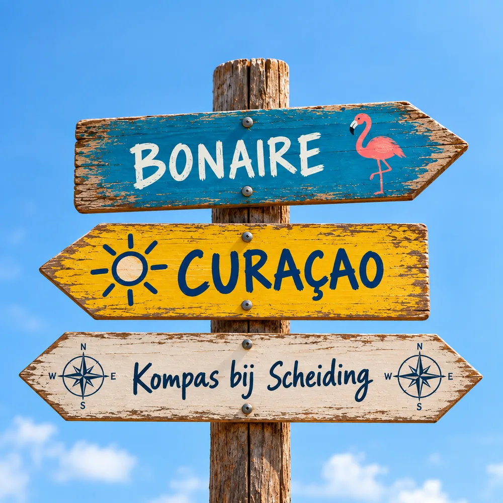Houten wegwijzer met borden naar Bonaire, Curaçao en Kompas bij Scheiding